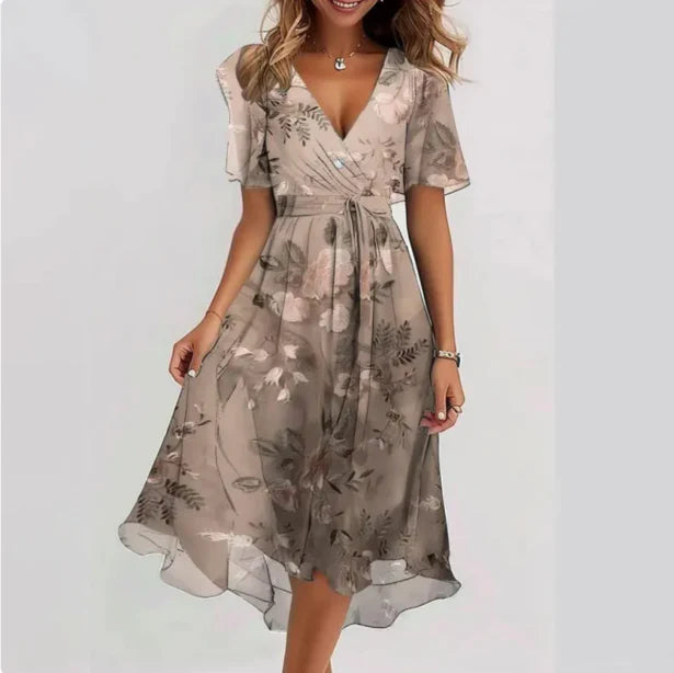 Sommerkleid Damen Midi | Kleid mit V-Ausschnitt und Wickeloptik