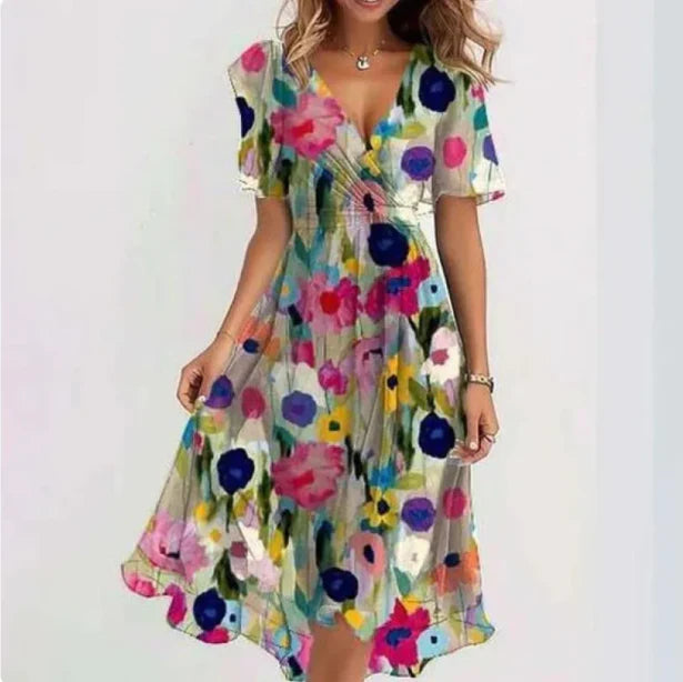 Sommerkleid Damen Midi | Kleid mit V-Ausschnitt und Wickeloptik