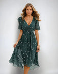 Sommerkleid Damen Midi | Kleid mit V-Ausschnitt und Wickeloptik