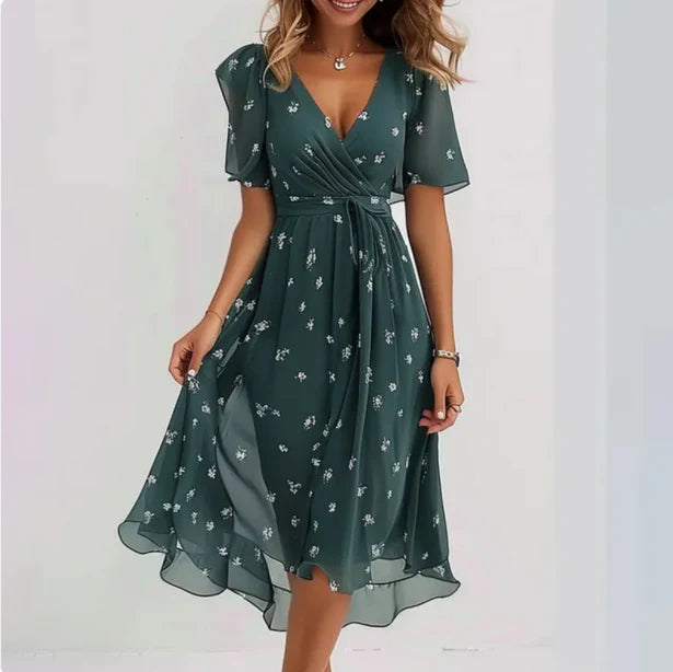 Sommerkleid Damen Midi | Kleid mit V-Ausschnitt und Wickeloptik