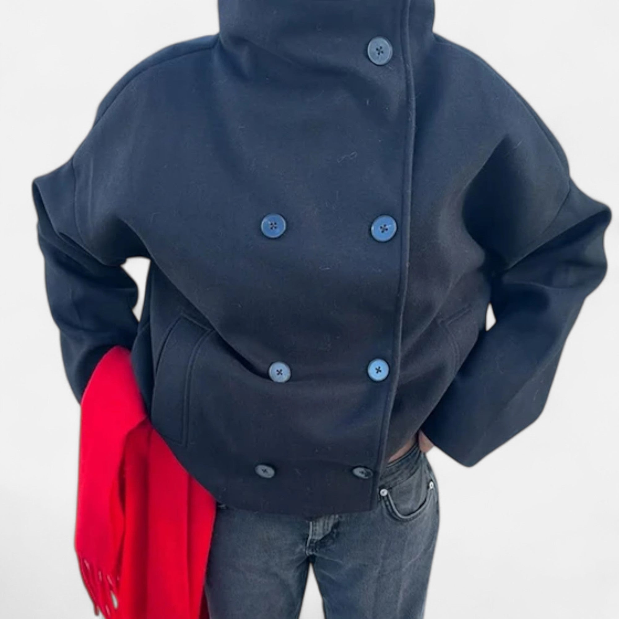 Übergangsjacke Damen Kurz | Zweireihiger Mantel mit Stehkragen