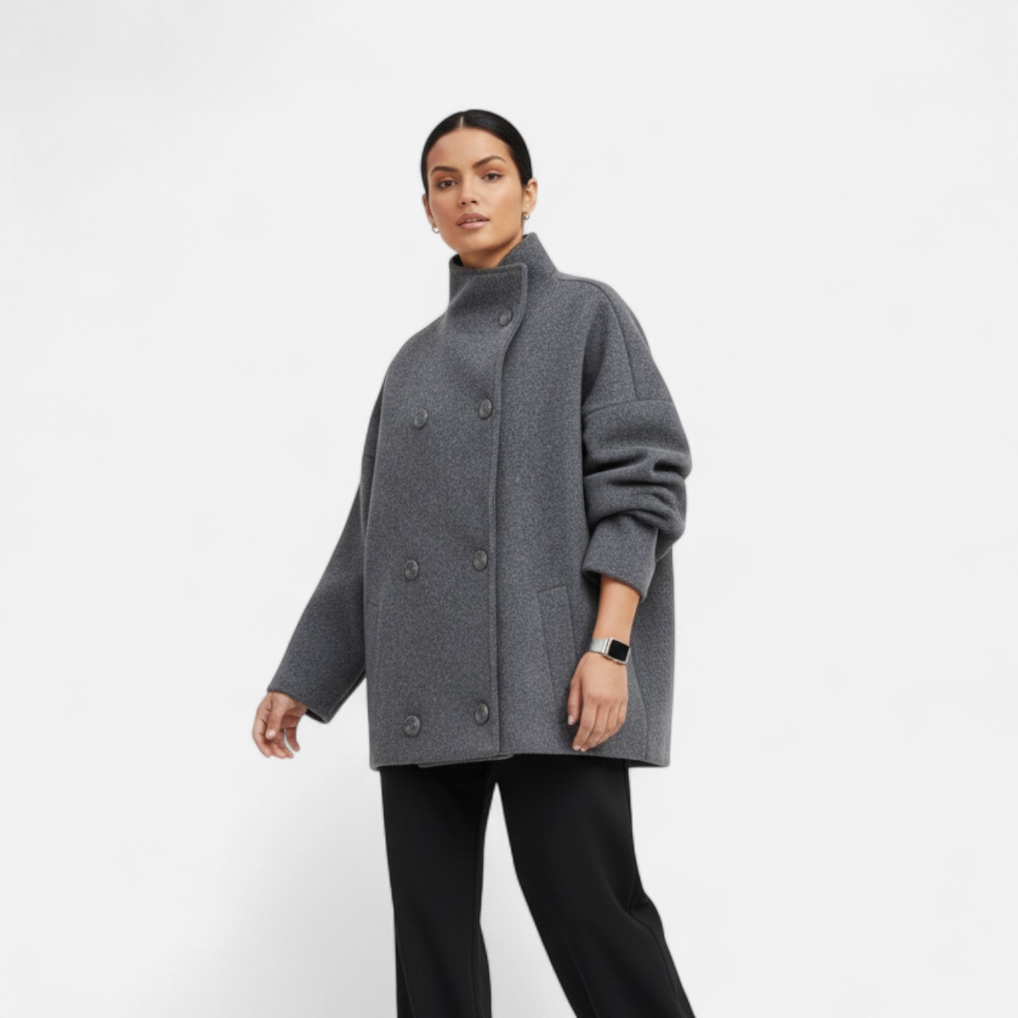 Übergangsjacke Damen Kurz | Zweireihiger Mantel mit Stehkragen