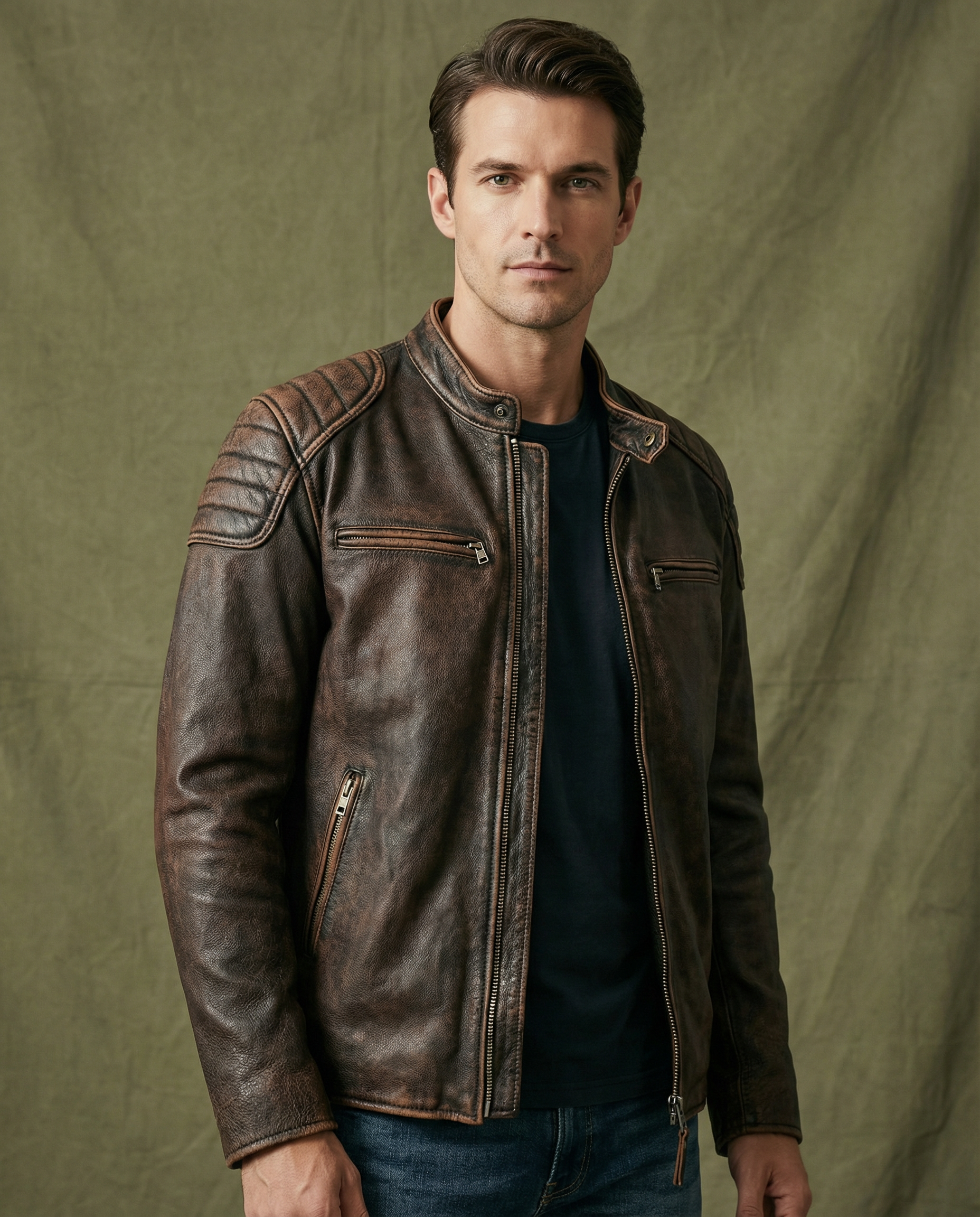 Übergangsjacke Herren | Bikerjacke mit Stehkragen und Reißverschluss