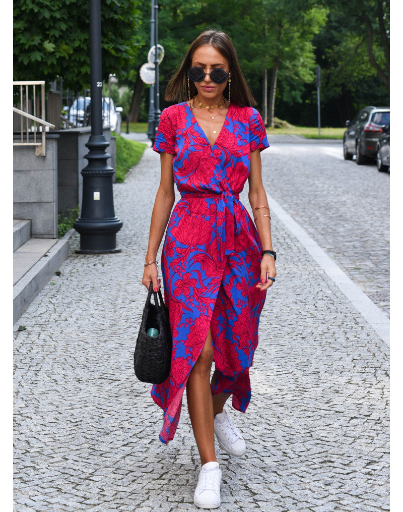 Wickelkleid Damen Midi | Kleid mit V-Ausschnitt und Print