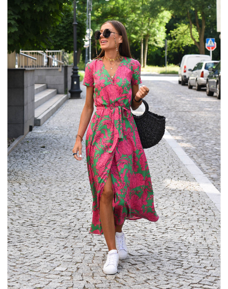 Wickelkleid Damen Midi | Kleid mit V-Ausschnitt und Print