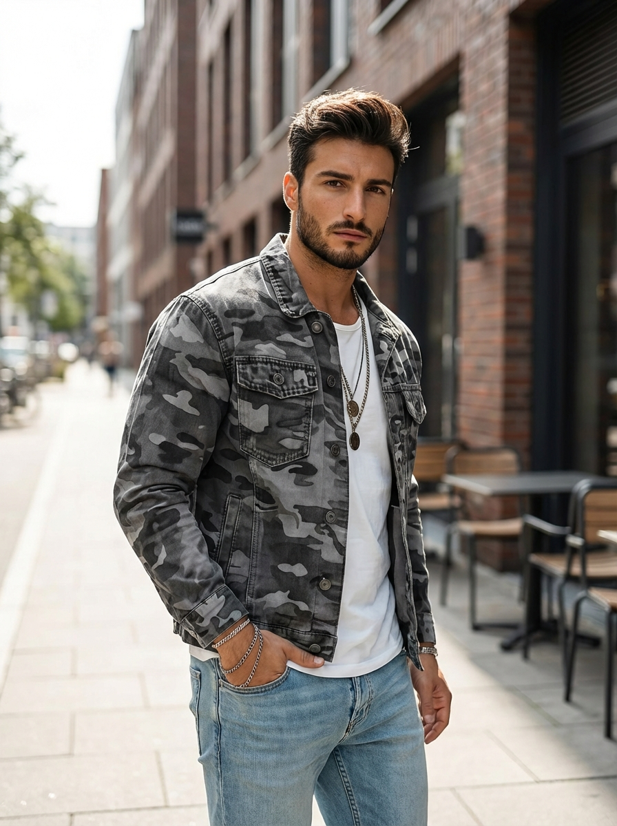 Herren-langarmjacke Mit Kragen Und Camouflage-muster | Freizeit