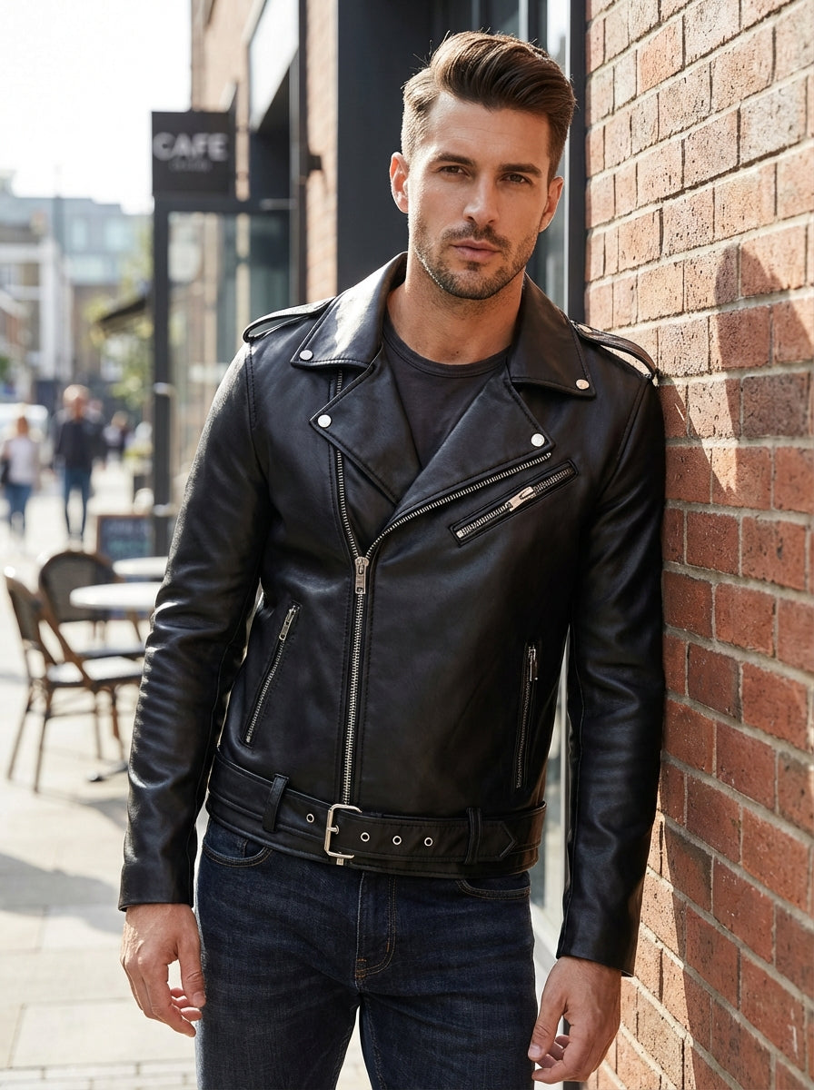 Herren Langen Ärmeln Kragen Reißverschluss Bikerjacke | Gürtel