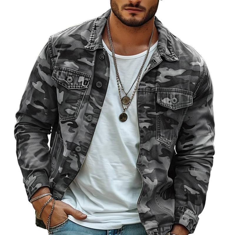 Herren-langarmjacke Mit Kragen Und Camouflage-muster | Freizeit